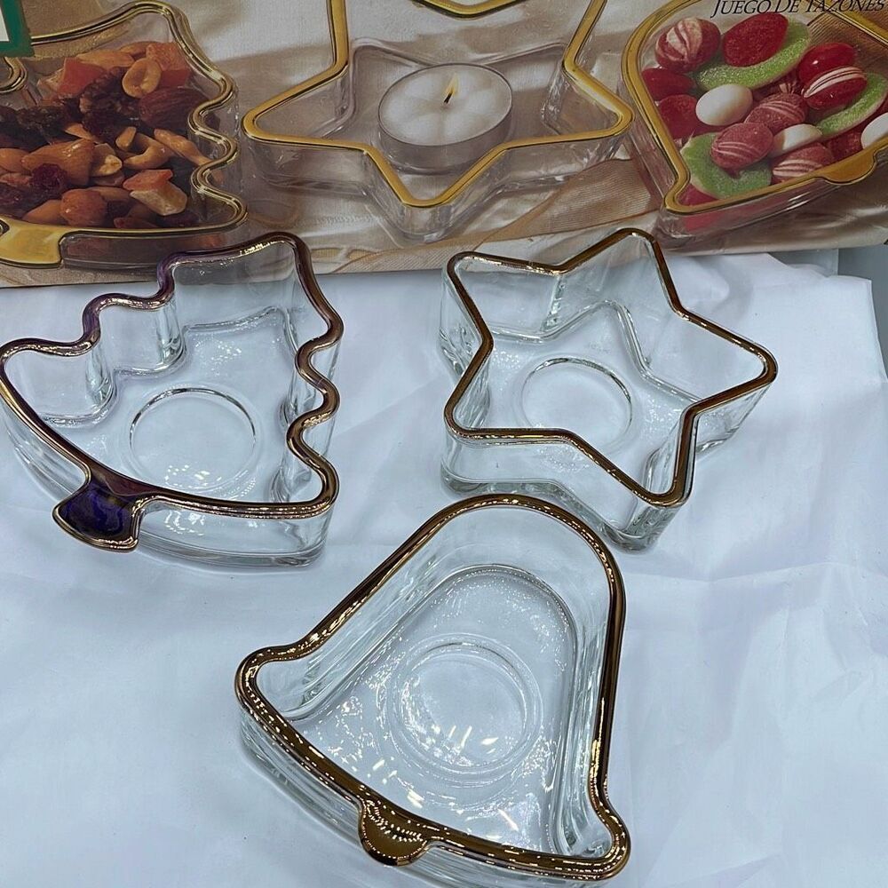 Vintage Indiana Glass three piece snack tea light bell tree star set.